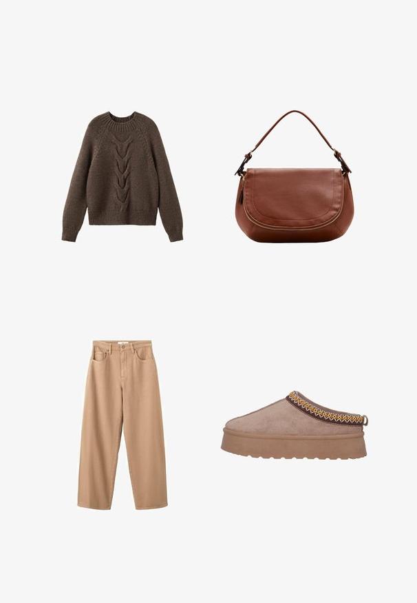 Brauner Strickpullover mit rundem Halsausschnitt, langen Ärmeln und einem Zopfmuster, das die Vorderseite hinunterläuft. Gerippter Saum und Bündchen.; Beige Hosen mit weitem Bein, vorn mit Knöpfen, Gürtelschlaufen und seitlichen Taschen, vor weißem Hintergrund dargestellt.; Braune Wildlederschlupfschuhe mit einer dicken, strukturierten Sohle, die eine kunstvolle gelbe und braune Stickerei entlang des oberen Randes aufweisen.; Braune Lederschultertasche mit abgerundetem Überschlag und goldenem Reißverschlussdetail, mit einem verstellbaren Riemen.