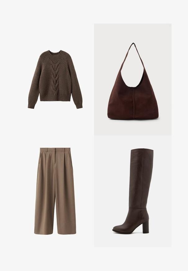Pull en tricot marron avec un col rond, des manches longues et un motif en torsades sur le devant. Ourlets et poignets côtelés.; Pantalons marron à jambe large avec une texture lisse, des plis avant et une taille haute. Dotés d'un design ajusté et de poches latérales.; Botte en cuir marron à hauteur de genou avec un talon large, texture lisse, bout arrondi et détails de couture minimaux.; Sac hobo en daim marron avec une grande ouverture courbée et une large bandoulière. Présente une couture centrée à l'avant. Texture lisse.