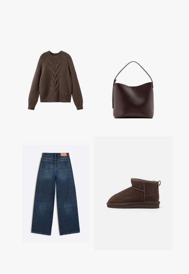 Pull en tricot marron avec un col rond, des manches longues et un motif en torsades sur le devant. Ourlets et poignets côtelés.; Jean denim bleu foncé à jambes larges avec deux poches arrière et une étiquette en cuir marron à la ceinture.; Bianco BIASNOW - Boots à talons - dark brown; Sac à main en cuir brun foncé avec une seule poignée supérieure incurvée et une surface lisse et dépourvue d'ornements sur fond blanc.