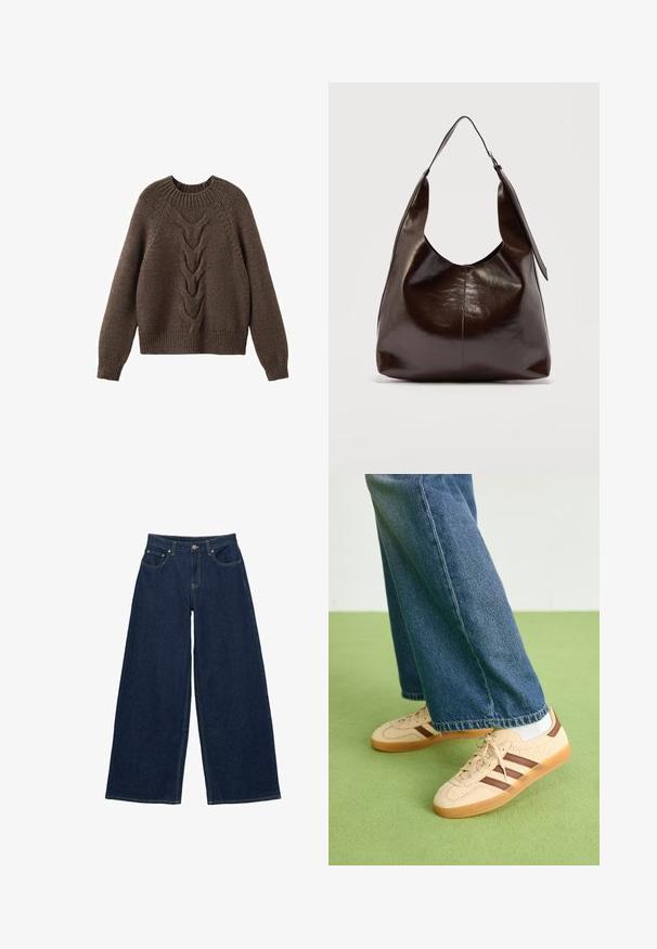 Brauner Strickpullover mit rundem Halsausschnitt, langen Ärmeln und einem Zopfmuster, das die Vorderseite hinunterläuft. Gerippter Saum und Bündchen.; Dunkelblaue Jeans mit weitem Bein, vorderen Taschen, Gürtelschlaufen und Knopfverschluss am Bund, flach auf weißem Hintergrund liegend dargestellt.; Beige Sneakers mit strukturierten cremefarbenen Paneelen und braunen Streifen, kombiniert mit blauen Jeans. Die Jeans haben einen weiten Beinschnitt und einen fransigen Saum.; Dunkelbraune glänzende Lederschultertasche mit einem breiten einzelnen Riemen und Schnallendetail auf einer Seite, vor einem schlichten hellen Hintergrund.