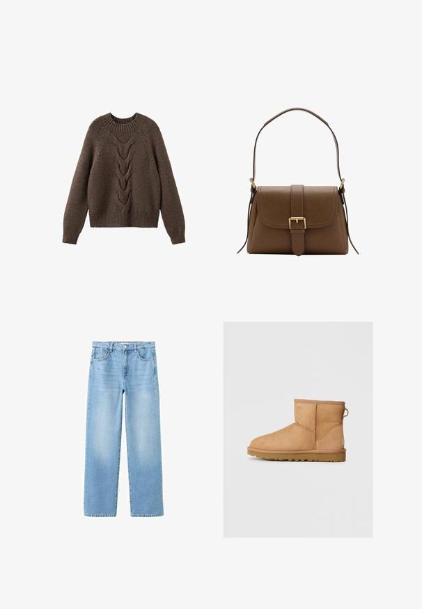 Pull en tricot marron avec un col rond, des manches longues et un motif en torsades sur le devant. Ourlets et poignets côtelés.; Jean en denim bleu clair avec une coupe droite, style cinq poches, passants pour ceinture et légère décoloration pour un look décontracté.; Bottines en suède beige avec bout rond, détails cousus, tirant à l'arrière et semelle en caoutchouc texturé. Conçues pour le confort et la chaleur.; Sac à bandoulière en cuir marron avec rabat avant et boucle dorée, disposant d'une bandoulière réglable avec ferrures dorées sur fond blanc.