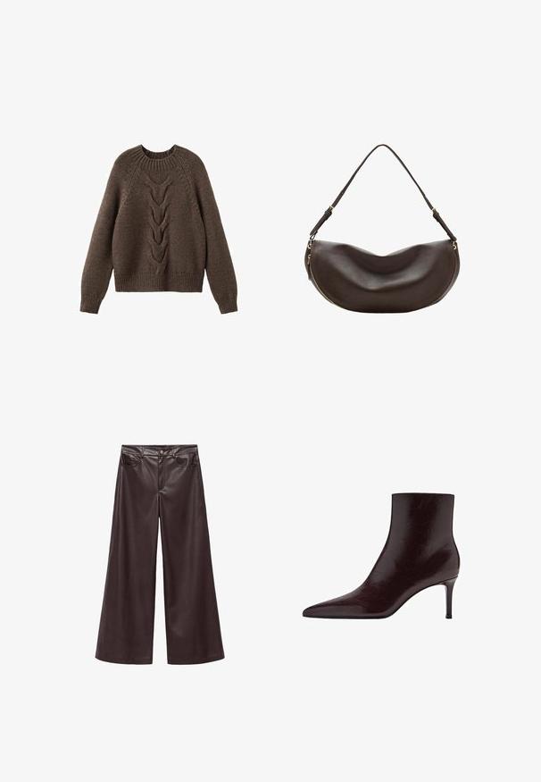 Brun strikket sweater med rund halsudskæring, lange ærmer og et kabelstrikdesign, der løber ned langs fronten. Ribbet kant og manchetter.; Brune faux læder wide-leg bukser med høj talje, der har forlommer og klassisk knaplukning. Glat tekstur og mat finish.; Bordeaux læder ankelstøvle med spids tå, slankt design og høj stilettohæl. Glat tekstur med subtile korndetaljer.; Mørkebrun skuldertaske i læder med buet form, justerbar rem og guldfarvet lynlås langs den nederste kant.