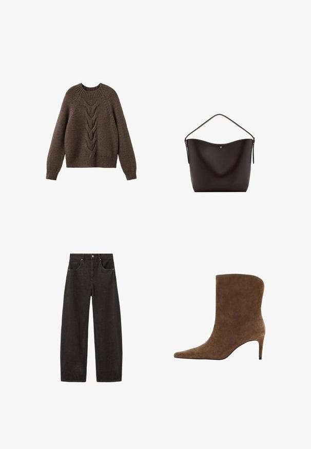 Pull en tricot marron avec un col rond, des manches longues et un motif en torsades sur le devant. Ourlets et poignets côtelés.; Jeans noirs à jambes larges en denim, avec une taille haute, cinq poches et des accessoires argentés à l'avant. Texture lisse avec un design minimaliste.; Bottine en daim brun avec un bout pointu et un talon fin, présentant un design supérieur épuré et une texture lisse.; Sac à bandoulière en cuir marron foncé avec une seule sangle et un petit bouton doré au centre devant.