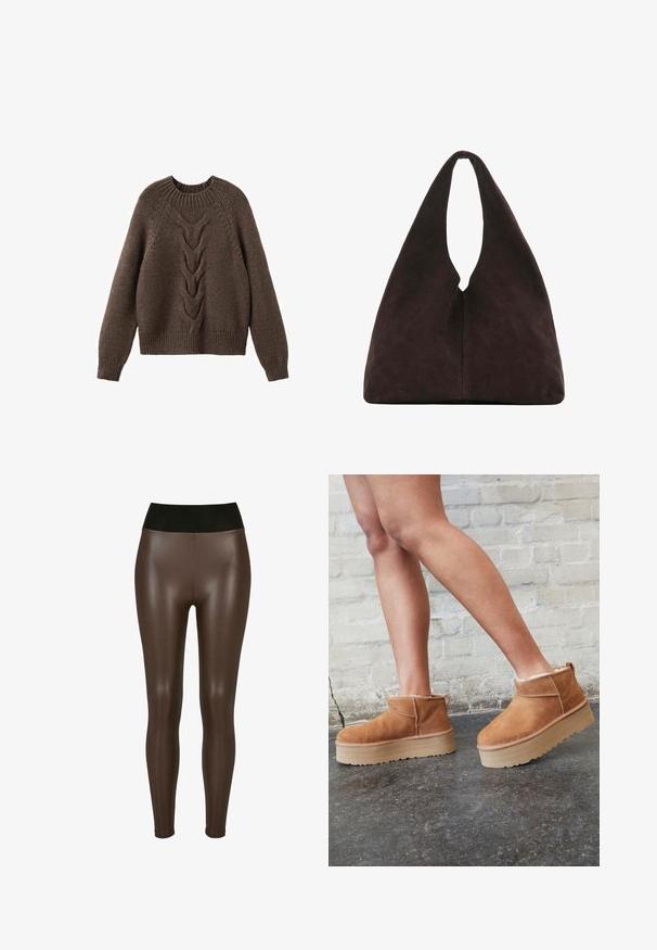 Brauner Strickpullover mit rundem Halsausschnitt, langen Ärmeln und einem Zopfmuster, das die Vorderseite hinunterläuft. Gerippter Saum und Bündchen.; Braune leggings aus Kunstleder mit einem hohen schwarzen Bund, die eine glatte, glänzende Oberfläche und ein eng anliegendes Design bis zum Knöchel aufweisen.; Braune Wildleder-Stiefeletten mit einem weichen Futter, dicker beige Plateau-Sohle und einer Zuglasche auf der Rückseite. Strukturiert Oberfläche mit sichtbaren Nähdetails.; Weiche dunkelbraune dreieckige Schultertasche mit einem einzelnen breiten Grifföffnung oben und glatter Oberflächenstruktur.