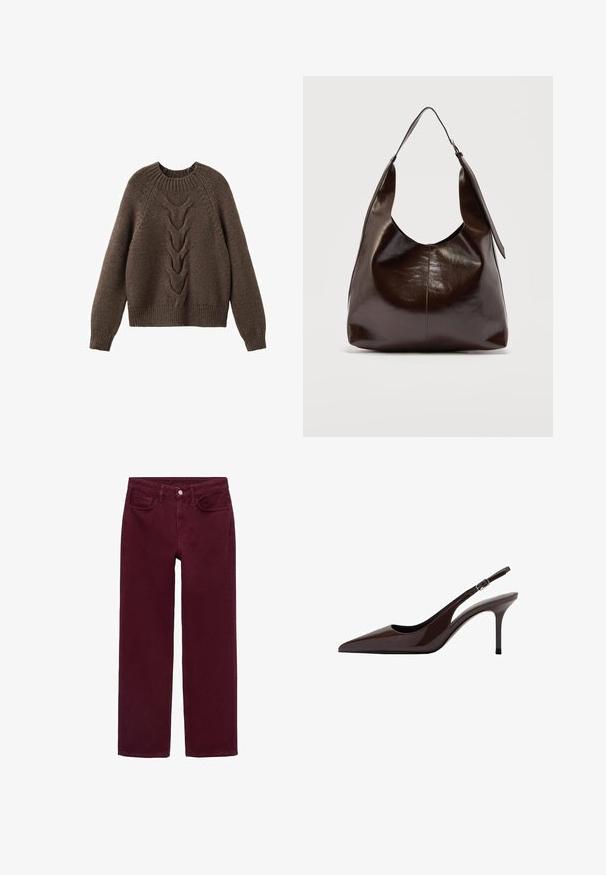 Brun strikket sweater med rund halsudskæring, lange ærmer og et kabelstrikdesign, der løber ned langs fronten. Ribbet kant og manchetter.; Bordeauxfarvede jeans lavet af bomuld, med et lige ben design, fem-lomme stil og en knaplukning i taljen.; Brune patenteret læder slingback hæle med spids tå, slank hæl og justerbar spænde-rem. Glat tekstur og skinnende finish.; Mørkebrunt, skinnende læder skuldertaske med en enkelt bred rem og spændedetalje på den ene side, sat mod en ensartet lys baggrund.