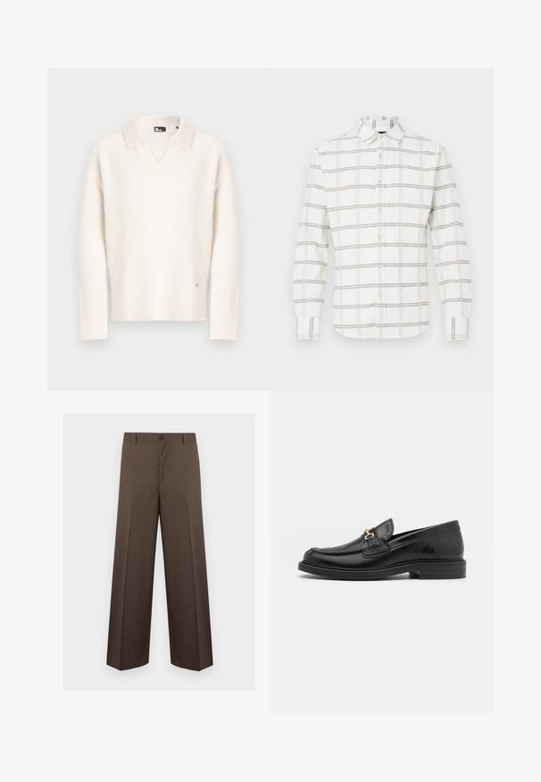 Pull blanc à col en V avec un col, confectionné en matériau doux et texturé. Dispose de poignets et d'un ourlet côtelés, avec un petit logo en bas.; Chemise blanche à boutons avec un motif à carreaux en beige clair et gris. Confectionnée en tissu doux avec un col classique et des poignets ajustables.; Pantalon marron à jambes larges, coupe cintrée avec passants de ceinture et fermeture par bouton, présenté à plat sur un fond blanc.; Mocassins en cuir noir avec un embout rond, présentant des accents en métal doré et des détails de couture, montés sur une semelle en caoutchouc texturé et basse.