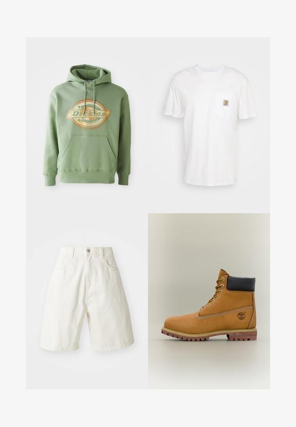 Πράσινο hoodie με κεντρικό γραφικό λογότυπο σε πορτοκαλί και μπεζ. Διαθέτει μπροστινή τσέπη, κουκούλα με κορδόνια και ριμπ μανσέτες. Από βαμβάκι.; Λευκό βαμβακερό T-shirt με κοντά μανίκια, τσέπη στο στήθος και ένα μικρό τετράγωνο λογότυπο σε πορτοκαλί και λευκό στην τσέπη.; Λευκές τζιν σορτς σε χαλαρή εφαρμογή, με ζώνη, πέντε τσέπες και ευθεία μπατζάκια. Το ύφασμα έχει ελαφριά υφή.; Καφέ δερμάτινο μποτάκι αστραγάλου με μαύρο γιακά, κίτρινα κορδόνια και ταμπά σόλα. Διαθέτει λογότυπο και λευκή ραφή για λεπτομέρεια. Ανθεκτική εξωτερική σόλα με τραχύ πέλμα.
