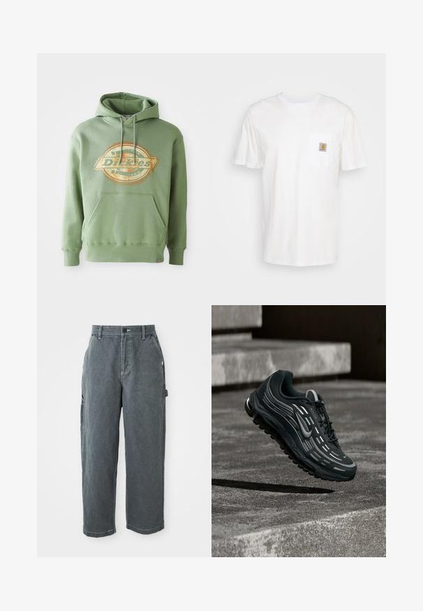 Grøn hættetrøje med et centralt grafisk logo i orange og beige. Har en frontlomme, snoretræk i hætten og ribbede manchetter. Materiale i bomuld.; Hvid bomulds T-shirt med korte ærmer, en brystlomme, og et lille firkantet logo patch i orange og hvid på lommen.; Mørkegrå lige ben arbejdsbukser med bæltestropper, frontknap og lynlås, sidelommer og en hammerløkke på højre ben.; Sort og grå Nike Air Max sneaker, der flyder over grå betontrin med tekstureret jordbaggrund.