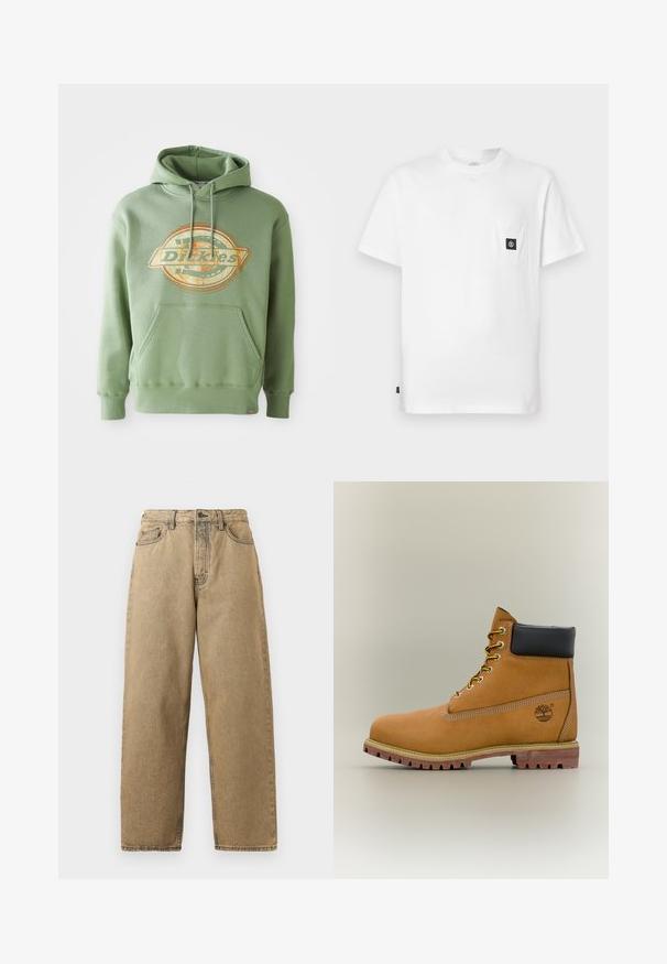 Grøn hættetrøje med et centralt grafisk logo i orange og beige. Har en frontlomme, snoretræk i hætten og ribbede manchetter. Materiale i bomuld.; Hvid bomulds T-shirt med rund halsudskæring, korte ærmer og en brystlomme med en sort logopatch. Glat tekstur, løs pasform.; Tan denim jeans med lige ben-design, der har lynlås, bæltesløjfer og kontraststing. Ingen bemærkelsesværdige mønstre eller hardwaredetaljer.; Brun læderankelstøvle med sort krave, gule snørebånd og tanfarvet sål. Har logo og hvide syninger som detalje. Robust ydersål med greb.