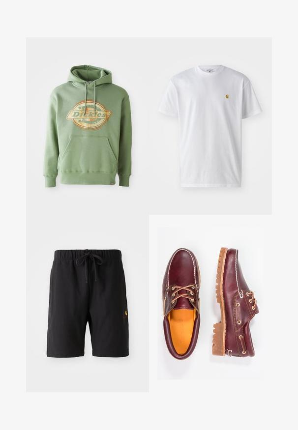 Haut à capuche vert avec un logo graphique central en orange et beige. Il possède une poche avant, un capuchon avec cordon de serrage et des poignets côtelés. Matière en coton.; T-shirt en coton blanc à manches courtes, col rond, avec un petit logo doré sur la poitrine gauche. Texture douce et coupe régulière.; Shorts noirs avec une taille élastique et un cordon de serrage. Présente une poche latérale et un petit logo rouge et jaune sur le bas à gauche.; Chaussures en cuir bourgogne avec semelles en caoutchouc marron, bout rond, couture blanche et œillets dorés. L'intérieur présente une doublure jaune.