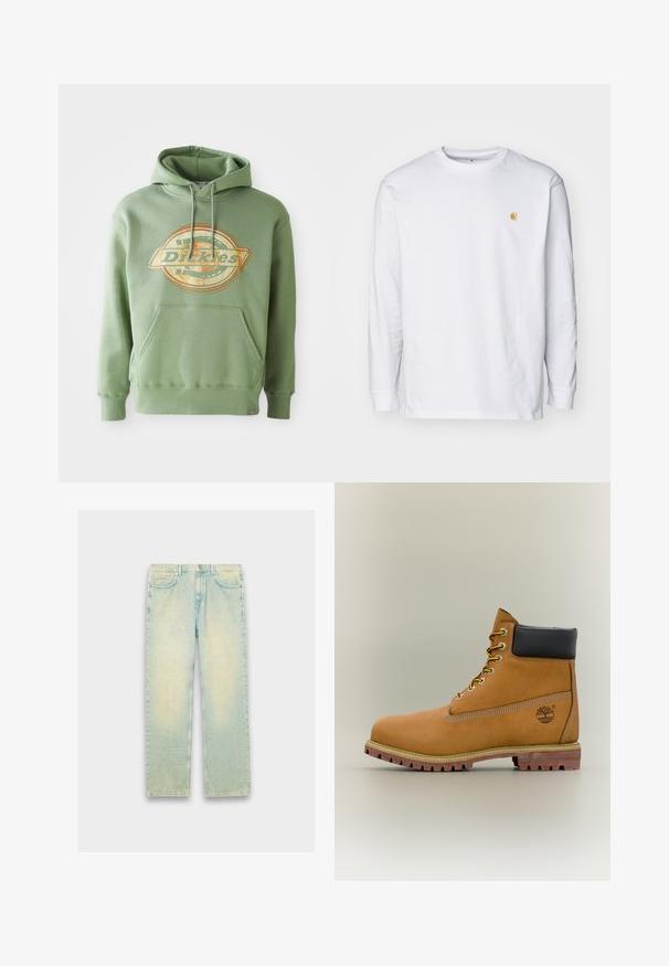 Grøn hættetrøje med et centralt grafisk logo i orange og beige. Har en frontlomme, snoretræk i hætten og ribbede manchetter. Materiale i bomuld.; Hvid langærmet t-shirt lavet af bomuld. Har et lille gyldent logo på brystet og en rund halsudskæring. Enkel design og standard pasform.; Lyseblå denimjeans med løs pasform, fem lommer, lynlås og en slidt finish langs lår og knæ.; Brun læderankelstøvle med sort krave, gule snørebånd og tanfarvet sål. Har logo og hvide syninger som detalje. Robust ydersål med greb.