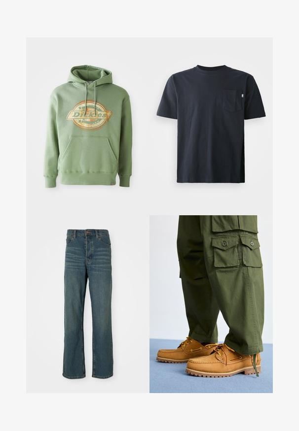 Groene hoodie met een centrale grafische logo in oranje en beige. Voorzien van een zak aan de voorkant, een capuchon met koord en geribbelde manchetten. Gemaakt van katoen.; Donker marineblauwe katoenen t-shirt met een ronde halslijn en korte mouwen. Inclusief een enkele borstzak en een rechte zoom.; Blauwe denim jeans met een rechte pijp, voorzien van vijf zakken, een knoopsluiting en lichte vervaging aan de voorkant.; Timberland AUTHENTIC 3 EYE - Bootschoenen - wheat