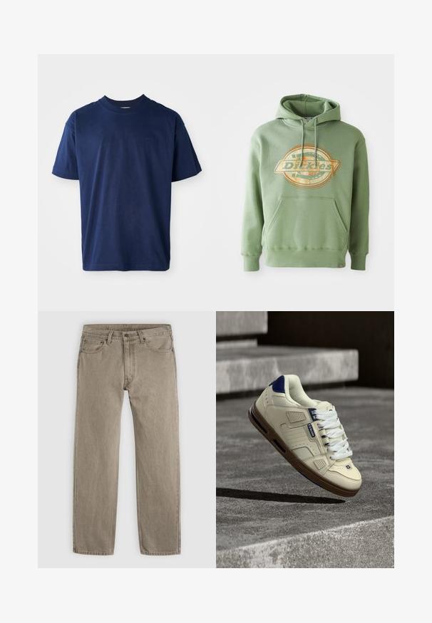 Grøn hættetrøje med et centralt grafisk logo i orange og beige. Har en frontlomme, snoretræk i hætten og ribbede manchetter. Materiale i bomuld.; Marineblå bomulds T-shirt med rund hals, korte ærmer og et diskret præglogo på brystet. Enkel flad design, blød tekstur.; Beige jeans med lige ben, forlommer, bæltestropper og knaplukning, vist mod en grå baggrund.; Krem- og marineblå sneaker med brun sål, hvide snørebånd og "Globe"-logo, svævende over teksturerede betontrin i en skyggefuld udendørs omgivelser.