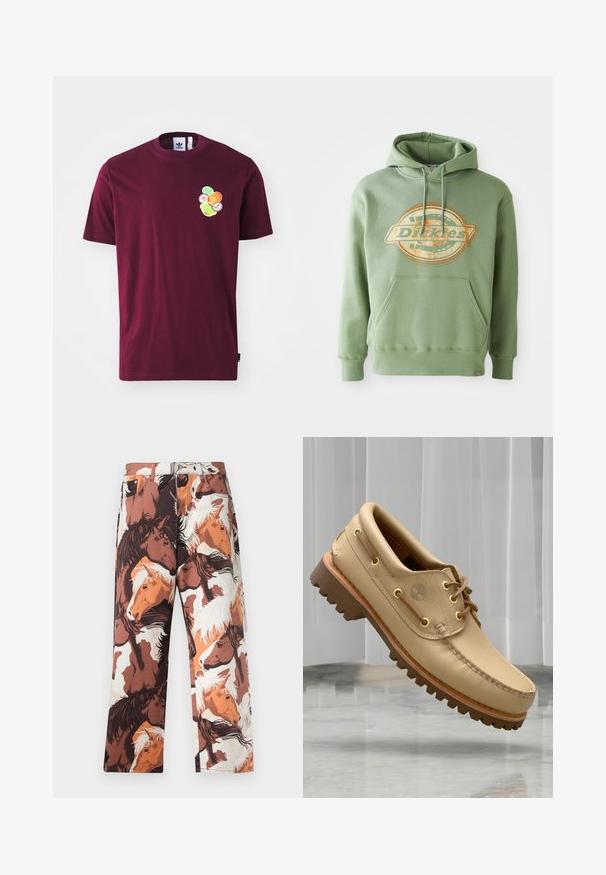 Grøn hættetrøje med et centralt grafisk logo i orange og beige. Har en frontlomme, snoretræk i hætten og ribbede manchetter. Materiale i bomuld.; Mørkerød bomulds t-shirt med korte ærmer og rund hals. Indeholder en broderet grafik på venstre bryst, inklusive farverige cirkulære design.; Bukser med et gentaget mønster af hestehoveder i nuancer af brun, hvid og orange, lavet af et glat stof med en lige benpasform.; Lysbrune læderbådsko med tyk, rillet sål og snøre detaljer, svævende over et marmor gulv med baggrund af hvide lodrette persienner.