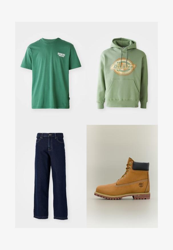 Grøn hættetrøje med et centralt grafisk logo i orange og beige. Har en frontlomme, snoretræk i hætten og ribbede manchetter. Materiale i bomuld.; Grøn bomulds T-shirt med en rund halsudskæring, korte ærmer og et hvidt logo på venstre bryst. Blød tekstur og afslappet pasform.; Mørkeblå brede jeans lavet af denim med lige snit, fem-lomme design og afsluttende sting langs kanten.; Brun læderankelstøvle med sort krave, gule snørebånd og tanfarvet sål. Har logo og hvide syninger som detalje. Robust ydersål med greb.