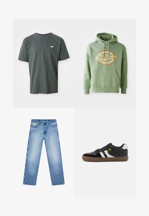 Grøn hættetrøje med et centralt grafisk logo i orange og beige. Har en frontlomme, snoretræk i hætten og ribbede manchetter. Materiale i bomuld.; Mørkegrøn bomulds t-shirt med korte ærmer, rund hals, der har et lille hvidt "OBEY" logo på venstre brystområde.; Lyseblå denimjeans med straight-leg pasform, fem-lomme design, knaplukning og diskret falmet detaljering på forsiden af lårene.; Sorte og hvide sneakers med overdel i ruskind og læder, der har hvide striber, sorte snørebånd og en brun gummisål. Guld logo detaljer.