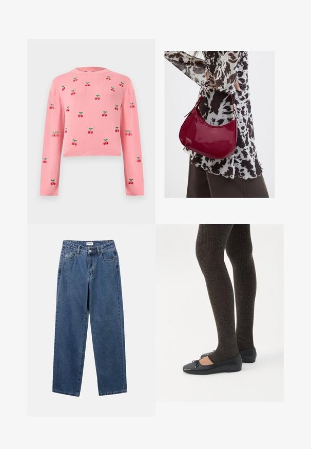 Roze cropped trui met lange mouwen, bedrukt met herhalende rode kersenpatronen en groene bladeren op de voorkant en mouwen.; Klassieke blauwe denim jeans met een rechte pijp, vijf zakken en een knoopsluiting. Heeft een middelgrote wasbeurt en stevige textuur.; Benen met donkere geribbelde leggings gecombineerd met zwarte ballerina's met kleine strikdetails op een witte achtergrond.; Vrouw met een zwart-wit gebloemde blouse houdt een glanzende rode schoudertas vast tegen een effen achtergrond.