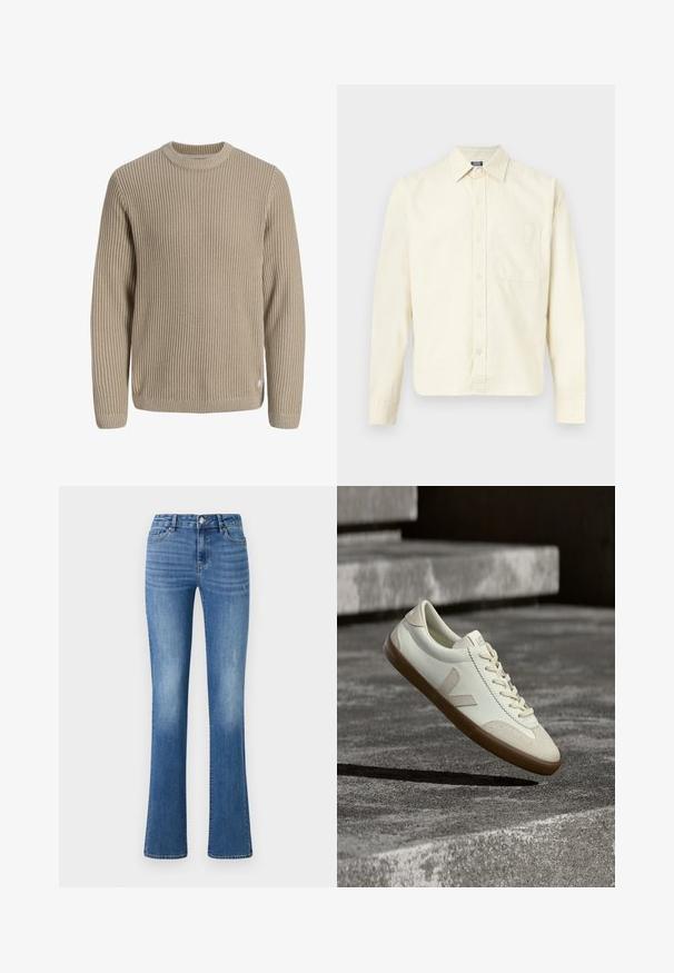Beige ribstrikket sweater med lange ærmer og rund halsudskæring, vist mod en lys baggrund.; Langærmet cremefarvet skjorte med krave, knapper foran og en enkelt brystlomme, vist mod en lys baggrund.; ONLY ONLWAUW MID WAIST - Jeans Slim Fit - medium blue denim; Hvide læder sneakers med tanfarvet gummisål, flade snørebånd og V-formet detalje på siden. Har en glat overflade og minimale syninger.