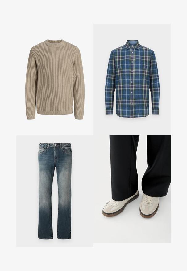 Beige ribstrikket sweater med lange ærmer og rund halsudskæring, vist mod en lys baggrund.; Herre langærmet skjorte med knapper, i ternet mønster med grønne, blå, grå og orange farver, og med spids krave.; Herre lige pasform blå denim jeans med falmet vask og fem-lomme design mod en hvid baggrund.; Fødder iført beige sneakers med brune såler og sorte bukser med vide ben på hvid baggrund.