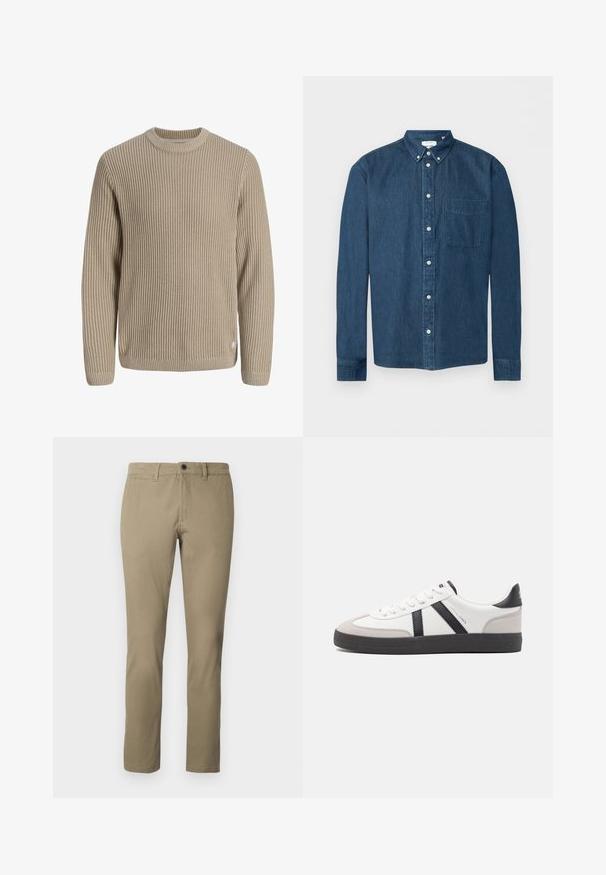 Pull en maille côtelée beige avec manches longues et col rond, présenté sur un fond clair.; Chemise en denim bleu foncé boutonnée, manches longues, une poche avant à gauche et un col boutonné, présentée sur fond blanc.; Chinos kaki en mélange de coton, avec une coupe droite, une taille standard avec fermeture à bouton et des poches latérales.; Baskets blanches avec des accents noirs et gris, présentant un embout texturé gris, une semelle en caoutchouc noir et des lacets plats blancs. Design épuré, style minimaliste.