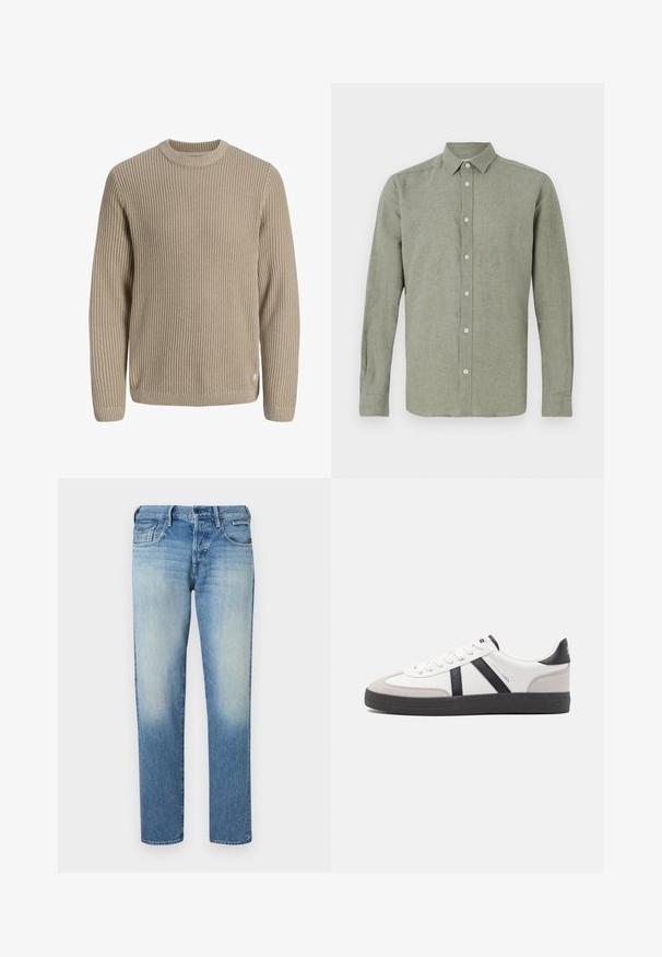 Jersey beige de punto acanalado con mangas largas y cuello redondo, mostrado sobre un fondo claro.; Camisa de manga larga y cuello en verde claro, fabricada con un tejido texturizado, con cierre de botones completo y dobladillo recto.; Vaqueros de mezclilla azul claro con acabado desgastado, piernas de corte recto, cinco bolsillos y cierre de botón. Detalles de costura y etiqueta de la marca en la parte trasera.; Zapatilla blanca con acentos en negro y gris, que presenta una puntera texturizada en gris, suela de goma negra y cordones planos blancos. Diseño limpio, estilo minimalista.