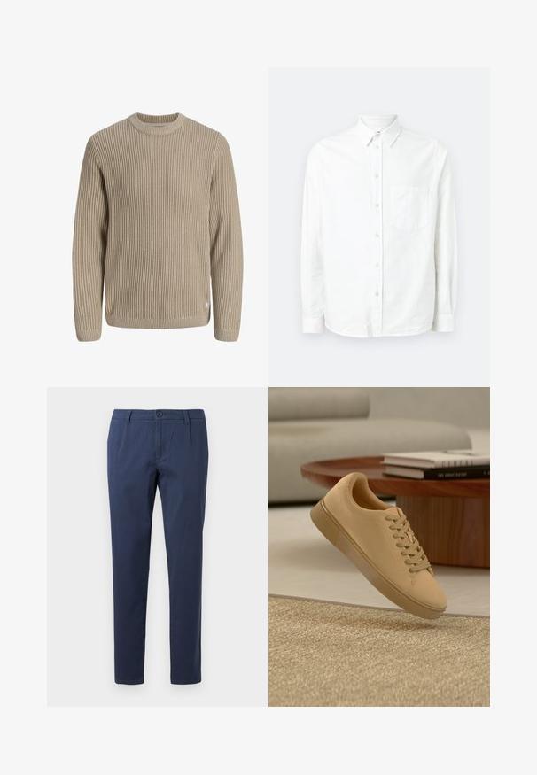 Beige geribde gebreide trui met lange mouwen en ronde hals, weergegeven tegen een lichte achtergrond.; Witte lange mouwen knoopshirt gemaakt van lichtgewicht stof. Heeft een voorzak, klassieke kraag en een subtiele textuur.; Marineblauwe broek van lichtgewicht stof, met een frontale knoopsluiting, twee zijzakken en een recht gesneden ontwerp.; Beige vetersneaker die boven een gestructureerd tapijt zweeft, met een houten salontafel en gestapelde boeken op een wazige achtergrond.