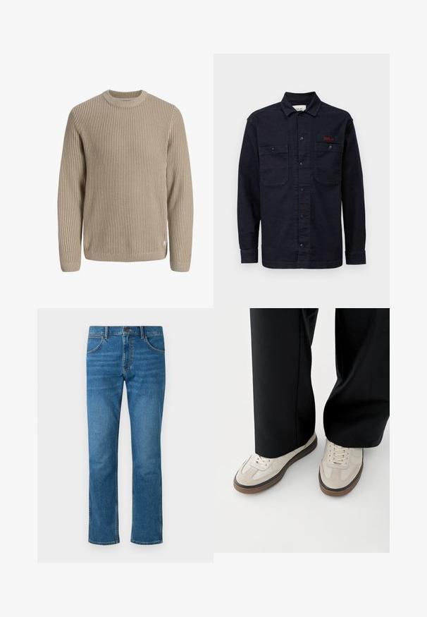Beige ribstrikket sweater med lange ærmer og rund halsudskæring, vist mod en lys baggrund.; Mørkeblå denimskjorte med lange ærmer, knaplukning foran, to brystlommer og et lille rødt "REPLAY" logo på den venstre lomme.; Blå denim jeans med fem lommer, knaplukning og lige ben. Har subtilt slid og kontrastsyede detaljer.; Fødder iført beige sneakers med brune såler og sorte bukser med vide ben på hvid baggrund.