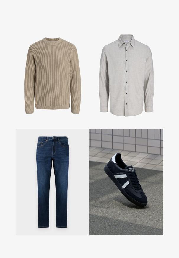 Beige ribstrikket sweater med lange ærmer og rund halsudskæring, vist mod en lys baggrund.; Lys grå langærmet skjorte lavet af struktureret stof. Har en button-down krave og seks sorte knapper foran.; Mørkeblå denim jeans med lige ben design, der har fem lommer, syede detaljer og en klassisk knaplukning.; Sort lædersneaker med hvide striber, tekstureret gummisål og snørrebånd foran. Har et brandet mærke på tungen.