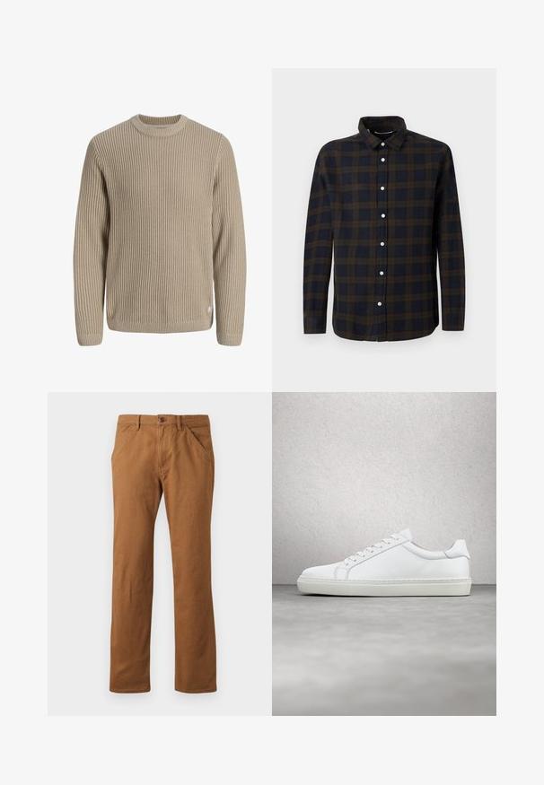 Pull en maille côtelée beige avec manches longues et col rond, présenté sur un fond clair.; Chemise à manches longues bleu foncé avec une texture à carreaux marron. Fabriquée en tissu doux, elle présente un devant à boutons et un col classique.; Pantalons en coton marron à coupe droite, avec une fermeture à bouton, des poches latérales et une texture lisse. Convient pour une tenue décontractée.; Sneaker blanche avec une tige en cuir lisse et un profil bas. Présente un bout arrondi, six œillets et une semelle en caoutchouc texturé.