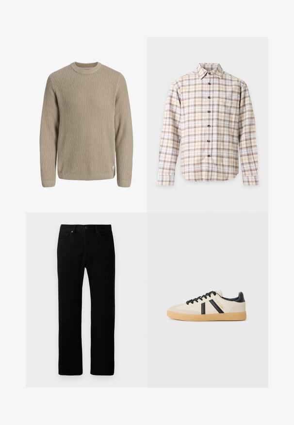 Beige ribstrikket sweater med lange ærmer og rund halsudskæring, vist mod en lys baggrund.; Langærmet skjorte med knapper og beige, hvidt og brunt ternet mønster på en flad lys baggrund.; Sorte denimjeans med lige ben-design, fem-lomme stil, frontknaplukning og diskrete syninger.; Casual sneakers i creme med sorte striber, med en tekstureret overdel og sål i gummigummi. Snørebåndene er sorte. Diskret logo på siden.