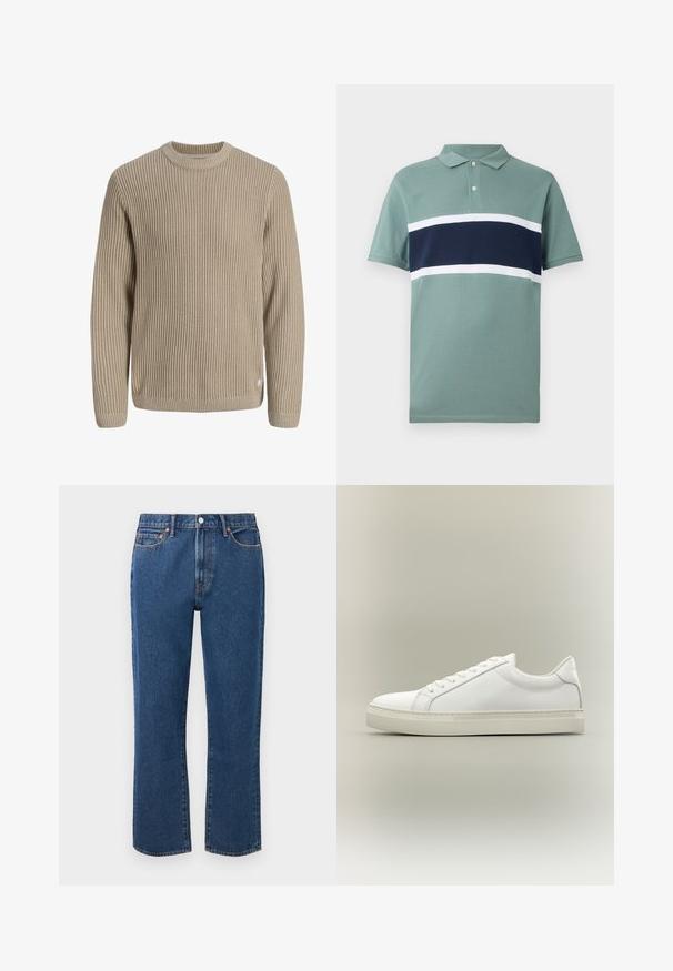 Beige ribstrikket sweater med lange ærmer og rund halsudskæring, vist mod en lys baggrund.; Kortærmet polo skjorte i afdæmpet grøn med marineblå og hvide vandrette striber på brystet og krave med to knapper.; Blå straight-leg jeans lavet af denim, med knaplukning, fem lommer og kontrasterende orange stikninger.; Hvid lavtop sneaker med snørebånd foran og tyk sål, vist fra siden mod en neutral baggrund.