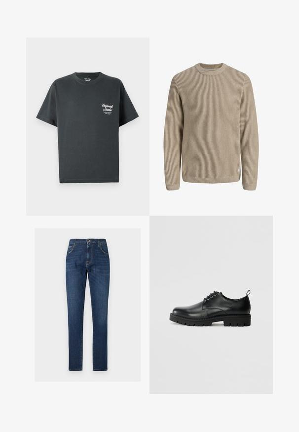 Beige ribstrikket sweater med lange ærmer og rund halsudskæring, vist mod en lys baggrund.; Mørkegrå bomulds t-shirt med rund hals, korte ærmer og et hvidt skriptlogo på venstre brystområde. Enkel, udekoreret design.; Mørkeblå slim-fit jeans med fem lommer, knaplukning og synlige syninger, vist mod en neutral baggrund.; Sort læder sko med en rund tå, der har snørelukning, solid sort gummisål og en lille hælflap bagpå.