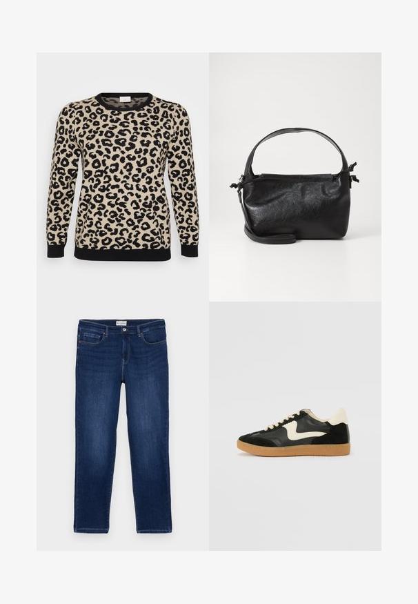 Beige sweater med leopardmønster og sorte pletter. Har rund halsudskæring og sort ribkant nederst og ved ærmerne. Fremstillet af strikket stof.; Mørkeblå denim jeans med lige pasform, fem-lomme design, synlige sømme og en metalknaplukning i taljen.; Sorte ruskinds- og lædersneakers med en cremefarvet side-swoosh og lys cremefarvet hæl. Har beige snørebånd og en gummirubber-sål.; Sort læderhåndtaske med et struktureret design, rund tophåndtag og aftagelig skulderrem. Den har en glat tekstur og en subtil glans.