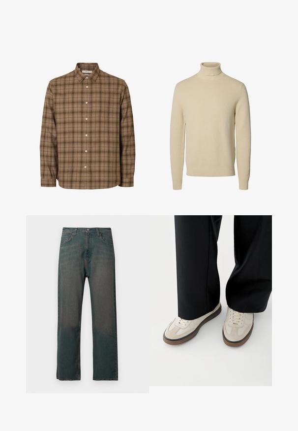 Beige strikket rullekravesweater med lange ærmer og ribstrikkede manchetter og kant, vist på en ensfarvet hvid baggrund.; Brun ternet langærmet skjorte med knapper, krave, hvide knapper og lige kant, vist på en ensfarvet hvid baggrund.; Mørkegrønne denimjeans med lige ben, der har et klassisk design med fem lommer og kontrastsyninger langs sømmene.; Fødder iført beige sneakers med brune såler og sorte bukser med vide ben på hvid baggrund.