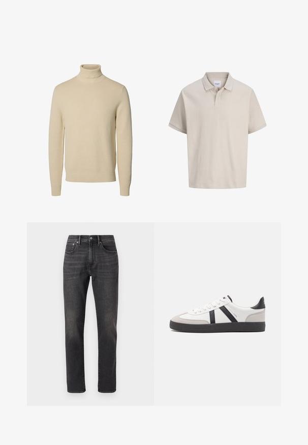 Beige gebreide coltrui met lange mouwen en geribde boordjes en zoom, getoond op een effen witte achtergrond.; Beige poloshirt met korte mouwen, subtiele verticale strepen, een klassieke kraag en een twee knopen sluiting.; Zwarte denim jeans met een recht model, voorzien van voorzakken, een knoopsluiting en subtiele vervaging op de stof.; Witte sneaker met zwarte en grijze accenten, voorzien van een grijze neus met textuur, zwarte rubberen zool en platte witte veters. Schoon ontwerp, minimalistische stijl.