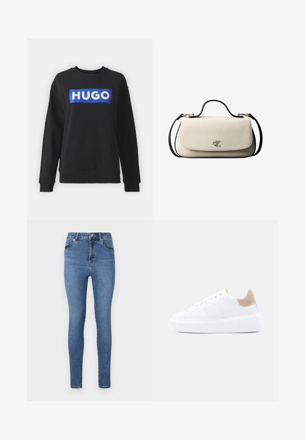 Mustmust, mis on valmistatud puuvillast, millel on suur sinine ristkülikukujuline logo, millel on valge tekst "HUGO", soonikkoes kraed ja äär.; Keskmise sinise denimiga skinny teksad, millel on kõrge vöökoht, viie taskuga disain ja peened tikandid taskutel ja õmblustes.; Valge nahast toss paksu tallaga ja beežist seemsnahast kannatugedega, vaadatuna küljelt tavalisel heledal taustal.; Kreemikas ristkülikukujuline käekott musta rihma ja sangaga, esiküljel klapi sulgus ning väike hõbedane "cK" logo ees keskel.