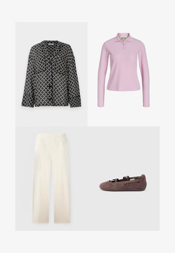 Polo à manches longues, rose clair, côtelé, avec col et trois boutons, présenté sur fond blanc.; Chemise à motif noir et blanc avec col, poches avant et boutons. Présente un design géométrique à trames croisées sur un tissu léger.; Pantalon large écru avec taille élastique et subtils détails de couture à l'avant, présenté sur fond uni.; Ballerine plate en suède marron avec des lanières élastiques et une semelle texturée, vue de profil sur un fond clair uni.