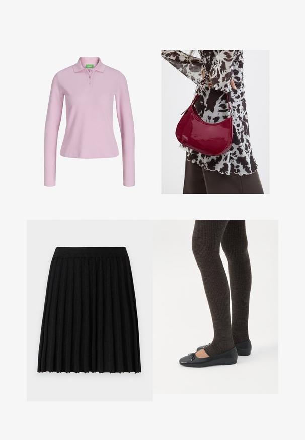 Langærmet, lyserød ribbet poloshirt med krave og tre knapper, vist på hvid baggrund.; Vero Moda Knitted VMMARINA Short - Mini skirts - black; Ben iført mørke ribbede leggings kombineret med sorte balletsko med små sløjfedetaljer på hvid baggrund.; Kvinde iført en sort- og hvidmønstret bluse, der holder en blank rød skuldertaske mod en ensfarvet baggrund.
