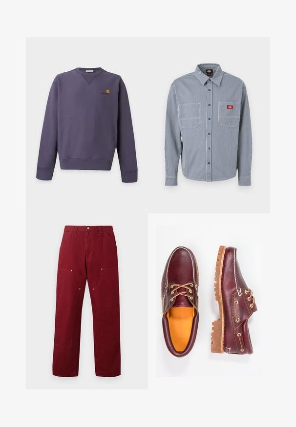 Lilla crewneck sweatshirt med lange ærmer og lille gul og rød Carhartt-logo på øverste venstre bryst.; Langærmet skjorte med knapper, blå og hvide lodrette striber, to brystlommer og en rød logo på venstre lomme.; Bordeaux farvede bomuldsbukser med lige snit, som har to forlommer, sølvhardware og knædetaljer. Glat tekstur, mellem vægt.; Bordeaux lædersko med brune gummisåler, rund tå, hvid syning og gyldne snøringer. Indersiden har et gult for.