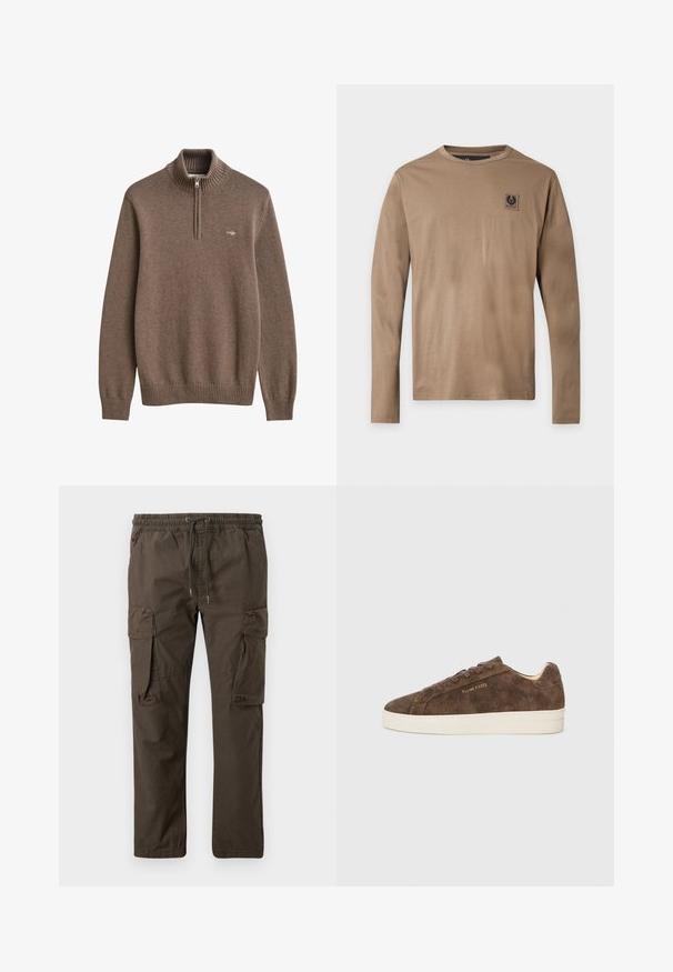 Pull en maille marron à manches longues, col et poignets côtelés, demi-fermeture éclair devant, avec un petit logo brodé sur la poitrine gauche.; T-shirt beige à manches longues avec un col rond, avec un petit patch logo carré noir sur la partie gauche de la poitrine, sur un fond uni.; Pantalon cargo marron avec ceinture élastique et cordon de serrage, doté de poches à rabat sur les deux cuisses et d'une coupe droite des jambes.; Baskets en daim marron avec une silhouette basse, un bout arrondi et une semelle en caoutchouc blanc. Elles présentent des lacets foncés et un logo discret sur le côté.