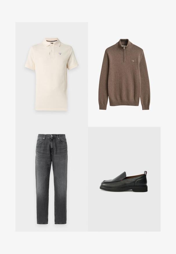 Pull en maille marron à manches longues, col et poignets côtelés, demi-fermeture éclair devant, avec un petit logo brodé sur la poitrine gauche.; Polo crème à manches courtes avec deux boutons et logo Barbour brodé sur le côté gauche de la poitrine sur un fond uni.; Jean en denim gris avec un design à jambe droite, cinq poches, coutures visibles et fermeture à bouton. Présente un petit logo sur la ceinture.; Chaussure slip-on en cuir noire avec un bout rond, un dessus texturé, des coutures rouges contrastantes et un petit talon. Présente une languette en boucle.