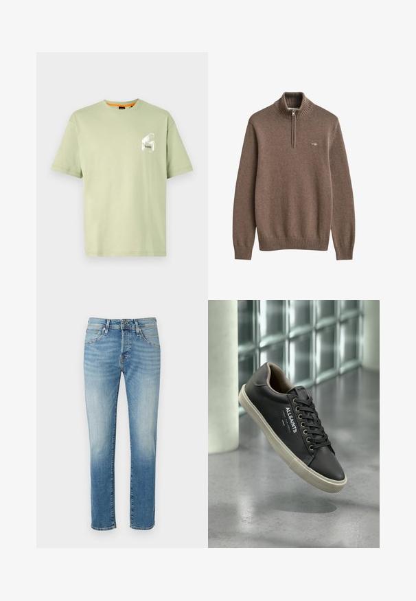 Brun strikket sweater med lange ærmer, ribkrave og manchetter, front halve lynlås og lille broderet logo på venstre bryst.; Lys grøn bomuld t-shirt med rund hals, korte ærmer og et hvidt logo trykt på brystlommen. Glat tekstur og afslappet pasform.; Lysblå denimjeans med udtværede sektioner, lige pasform, fem-lomme design og grundlæggende metalknaplukning i taljen.; Sort AllSaints lædersneaker med hvid sål, sorte snørebånd og logo på siden, hængende over en grå reflekterende gulv.