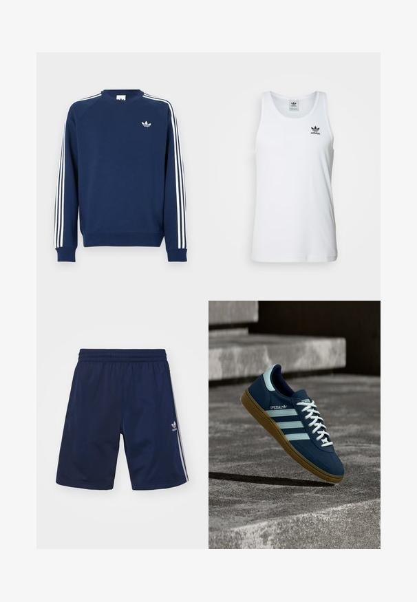 Mørkeblå sweatshirt med ribbede ærmeafslutninger og hals; har hvide lodrette striber på ærmerne og et lille hvidt logo på brystet.; Hvid ribbet tanktop med rund halsudskæring, sort Adidas-logo på venstre bryst og uden ærmer. Blødt bommateriale, afslappet pasform.; Marineblå atletikshorts lavet af et let materiale, med en elastisk talje og tre hvide striber på siderne. Adidas-logoet er vist.; Blå Adidas Spezial sneaker med hvide striber og snørebånd, gummisål, svævende over en ru betongoverflade og trin i baggrunden.