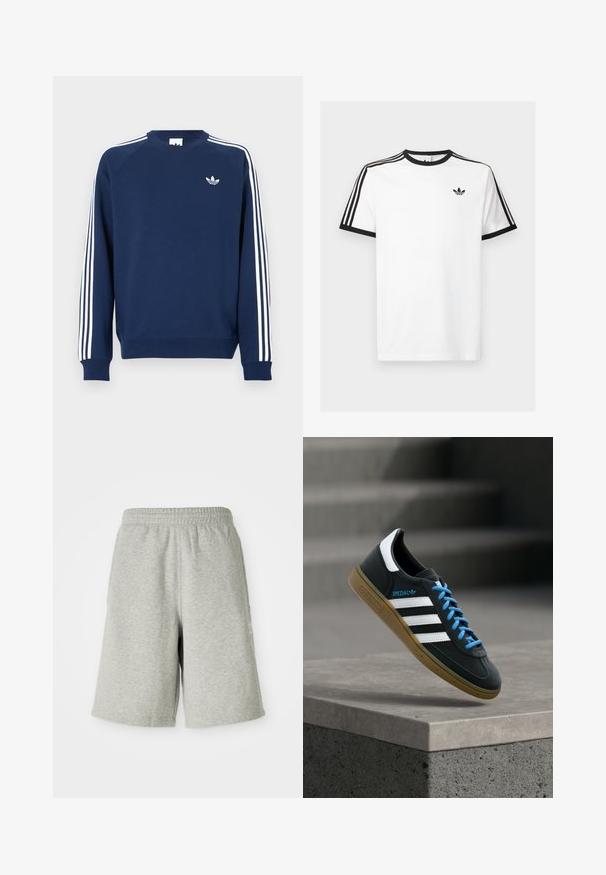 Mørkeblå sweatshirt med ribbede ærmeafslutninger og hals; har hvide lodrette striber på ærmerne og et lille hvidt logo på brystet.; Hvid bomulds t-shirt med sort ribkant ved hals og ærmer, med tre sorte striber på hver skulder og et lille logo på brystet.; Grå bomuldsshorts med elastisk talje, knælængde design og diskret logo detalje på siden. Blød tekstur med en afslappet, sportiv pasform.; Sort Adidas sneaker med hvide striber, blå snørebånd og gummisål, der svæver over gråt betontrin i blødt lys.