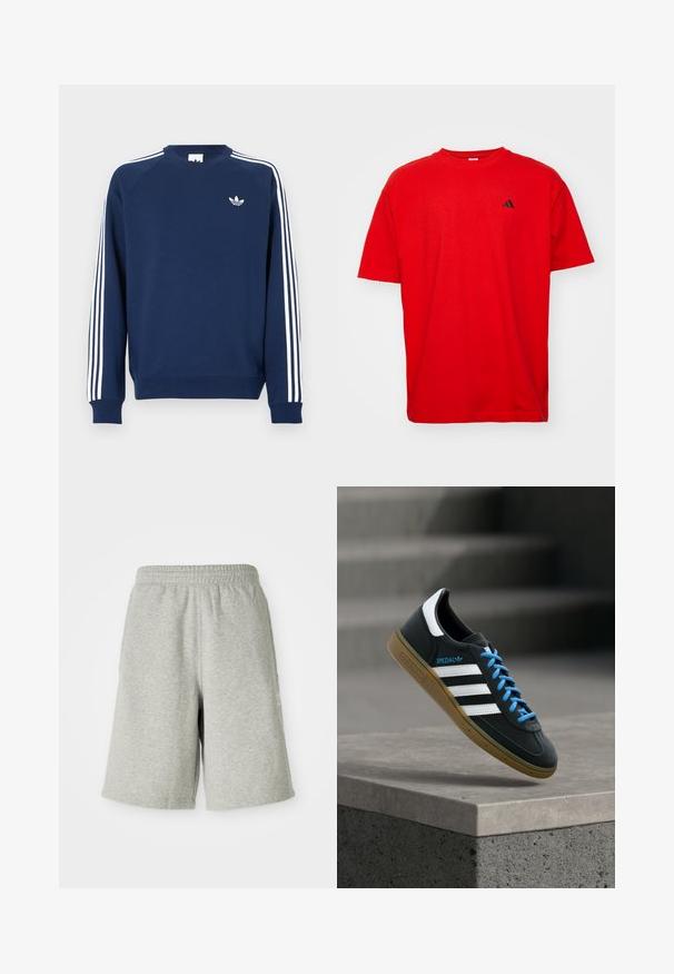 Mørkeblå sweatshirt med ribbede ærmeafslutninger og hals; har hvide lodrette striber på ærmerne og et lille hvidt logo på brystet.; Rød bomulds T-shirt med korte ærmer og rund hals. Har et lille sort logo på venstre bryst og en lige kant.; Grå bomuldsshorts med elastisk talje, knælængde design og diskret logo detalje på siden. Blød tekstur med en afslappet, sportiv pasform.; Sort Adidas sneaker med hvide striber, blå snørebånd og gummisål, der svæver over gråt betontrin i blødt lys.