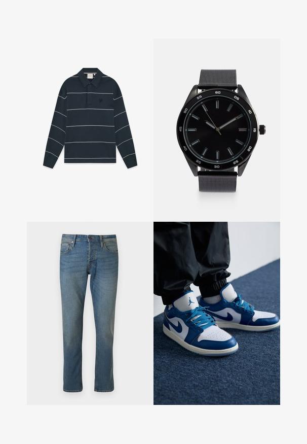 Navyblauw poloshirt met lange mouwen, witte horizontale strepen en een klein geborduurd logo op de linkerborst.; Blauwe spijkerbroek met rechte pijpen, voorzakken, riemlussen en een knoopsluiting op een effen achtergrond.; Nike Air Jordan sneakers hebben een witte leren basis met blauwe synthetische accenten, een geperforeerde neusdoos en blauwe veters.; Zwart analoge horloge met een ronde metalen kast, zwarte wijzerplaat, luminescente uurmarkeringen en een gestructureerde grijze band. Heeft een minimalistisch ontwerp.