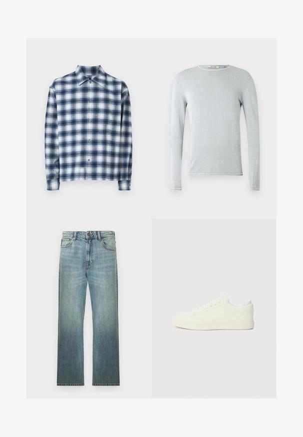 Chemise à manches longues bleu clair en tissu doux. Présente un col rond et des finitions soignées. Texture lisse avec des détails de design minimalistes.; Chemise à manches longues à carreaux bleus et blancs, fabriquée en tissu doux. Elle présente un col pointu et une fermeture à boutons sur le devant.; Jean droit en denim bleu clair avec un design classique à cinq poches et une fermeture par bouton, présenté sur un fond blanc uni.; Baskets blanches avec une tige à texture lisse, bout arrondi et laçage traditionnel, arborant un design minimaliste et une semelle en caoutchouc.