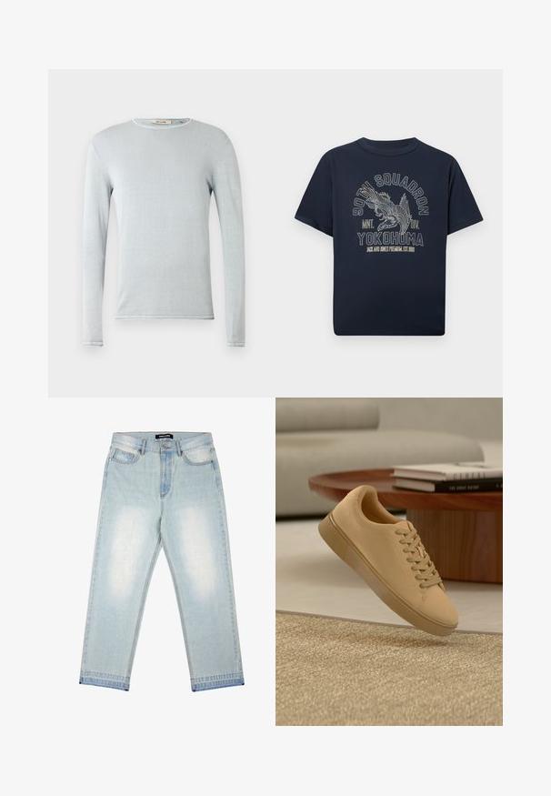 Lyseblå langærmet skjorte lavet af blødt stof. Har rund halsudskæring og afsluttede kanter. Glat tekstur med minimale designdetaljer.; Mørkeblå bomuld t-shirt med korte ærmer og rund halsudskæring, med et detaljeret ørne-motiv og tekstdesign i lyse farver.; Pegador BARROW - Loose-jeans - sand washed blue; Beige snørestøvler, der svæver over et tekstureret tæppe med et træ sofabord og stablede bøger i en sløret baggrund.