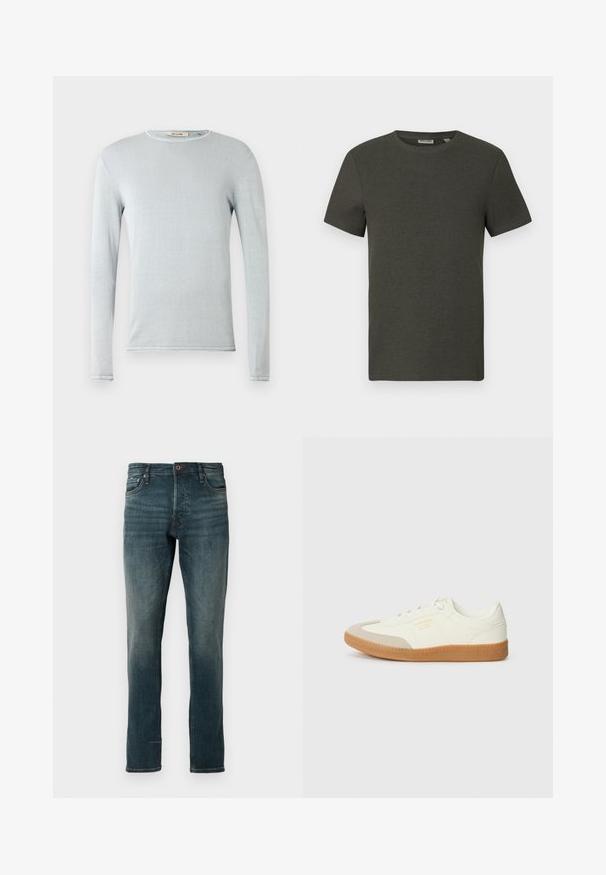 Lyseblå langærmet skjorte lavet af blødt stof. Har rund halsudskæring og afsluttede kanter. Glat tekstur med minimale designdetaljer.; Mørkegrøn kortærmet t-shirt med rund halsudskæring, lavet af ribbet materiale; har et enkelt, minimalistisk design uden mønstre.; Mørkeblå slim-fit jeans med fem lommer og knaplukning, vist mod en ensfarvet hvid baggrund.; Sneaker lavet af hvid læder med en beige tåhætte og let brunt gummisål. Har flade hvide snørebånd og prægede branding på siden.