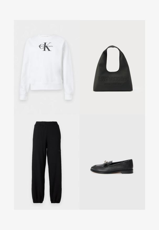 Valkoinen pitkähihaisen paita, jossa pyöreä pääntie ja musta "calvin klein cK" -logo tekstinä rinnan keskellä.; Musta collegehousut, jotka on valmistettu puuvillasekoitteesta, varustettuna joustavalla vyötäröresorilla ja kapeilla nilkkasaumoilla. Hienovarainen logo detail sivulla.; Musta nahkainen loafer, jossa on teksturoitu pinta, pyöristetty kärki ja koristeellinen metallinen yksityiskohta varpaankohdassa. Matala profiili pohja.; Musta käsilaukku, valmistettu sileästä materiaalista, jossa on pyöreä aukkomallinen kahva, kohokuvioitu "LOVE MOSCHINO" -logo ja lause "Made with love."